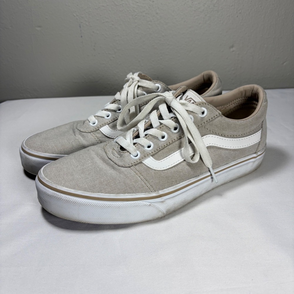 Vans Ward Low‎ Top Sneakers Tan Canvas White Stripe Womens Skate Shoes